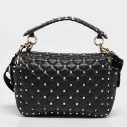 Pre Owned Valentino Black Quilted Leather Medium Rockstud Spike Top Handle Bag