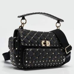 Pre Owned Valentino Black Quilted Leather Medium Rockstud Spike Top Handle Bag