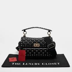 Pre Owned Valentino Black Quilted Leather Medium Rockstud Spike Top Handle Bag