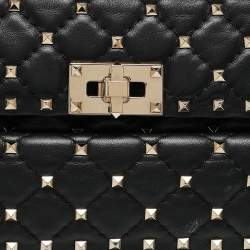 Pre Owned Valentino Black Quilted Leather Medium Rockstud Spike Top Handle Bag