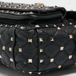 Pre Owned Valentino Black Quilted Leather Medium Rockstud Spike Top Handle Bag