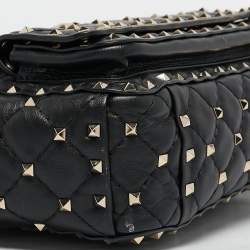 Pre Owned Valentino Black Quilted Leather Medium Rockstud Spike Top Handle Bag