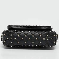 Pre Owned Valentino Black Quilted Leather Medium Rockstud Spike Top Handle Bag
