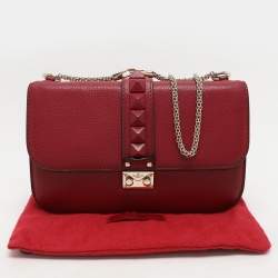 Valentino Burgundy Leather Medium Rockstud Glam Lock Flap Bag