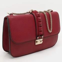 Valentino Burgundy Leather Medium Rockstud Glam Lock Flap Bag