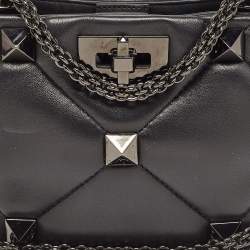 Pre Owned Valentino Black Quilted Leather Mini Roman Stud Top Handle Bag