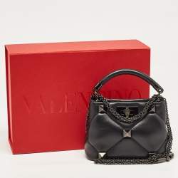 Pre Owned Valentino Black Quilted Leather Mini Roman Stud Top Handle Bag