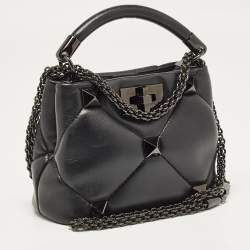 Pre Owned Valentino Black Quilted Leather Mini Roman Stud Top Handle Bag