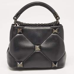 Pre Owned Valentino Black Quilted Leather Mini Roman Stud Top Handle Bag