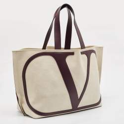 Pre Owned Valentino Burgundy/Beige Canvas and Leather Escape V logo Tote