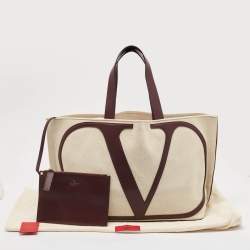 Pre Owned Valentino Burgundy/Beige Canvas and Leather Escape V logo Tote