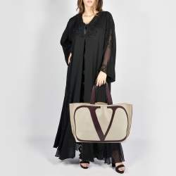 Pre Owned Valentino Burgundy/Beige Canvas and Leather Escape V logo Tote