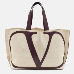 Pre Owned Valentino Burgundy/Beige Canvas and Leather Escape V logo Tote