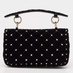 Valentino Black Quilted Velvet Small Butterfly Rockstud Spike Top Handle Bag