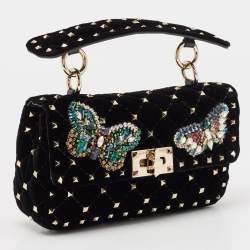 Valentino Black Quilted Velvet Small Butterfly Rockstud Spike Top Handle Bag