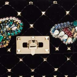 Valentino Black Quilted Velvet Small Butterfly Rockstud Spike Top Handle Bag