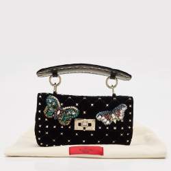 Valentino Black Quilted Velvet Small Butterfly Rockstud Spike Top Handle Bag