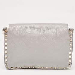 Pre Owned Valentino Grey Leather Rockstud Side Slip Crossbody Bag