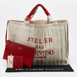 Valentino Red/Natural Canvas Large Plisse Edition Atelier 05 Tote