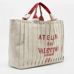 Valentino Red/Natural Canvas Large Plisse Edition Atelier 05 Tote