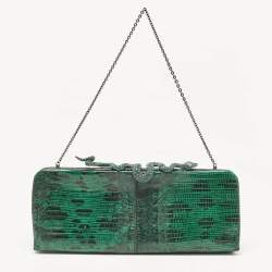 Pre Owned Valentino Green/Black Lizard Leather Snake Crystals Chain Clutch