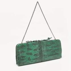Pre Owned Valentino Green/Black Lizard Leather Snake Crystals Chain Clutch