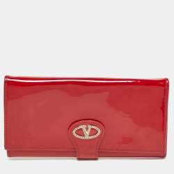 Valentino Red Patent Leather Crystals Catch Flap Continental Wallet
