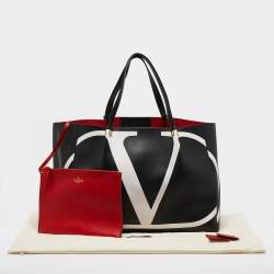 Pre Owned Valentino Black/White Leather Large VLogo Escape Tote