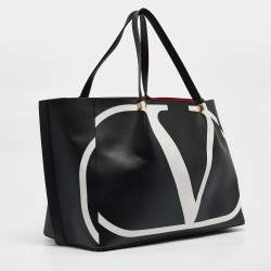 Pre Owned Valentino Black/White Leather Large VLogo Escape Tote