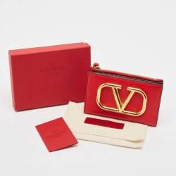 Pre Owned Valentino Red Leather VLogo Bifold Card Case