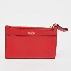 Pre Owned Valentino Red Leather VLogo Bifold Card Case
