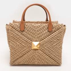 Pre Owned Valentino Beige/Brown Leather and Raffia Medium One Stud Tote