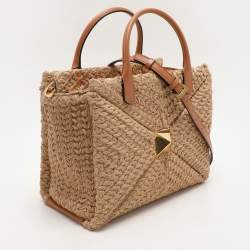 Pre Owned Valentino Beige/Brown Leather and Raffia Medium One Stud Tote