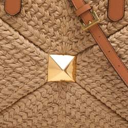 Pre Owned Valentino Beige/Brown Leather and Raffia Medium One Stud Tote