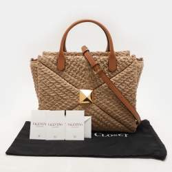 Pre Owned Valentino Beige/Brown Leather and Raffia Medium One Stud Tote