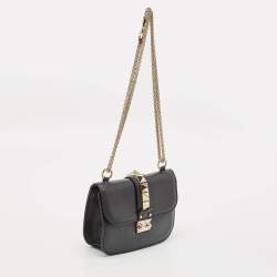 Pre Owned Valentino Black Leather Small Rockstud Glam Lock Flap Bag