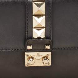 Pre Owned Valentino Black Leather Small Rockstud Glam Lock Flap Bag