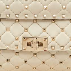 Pre Owned Valentino Off White Leather Medium Rockstud Spike Top Handle Bag