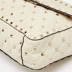 Pre Owned Valentino Off White Leather Medium Rockstud Spike Top Handle Bag