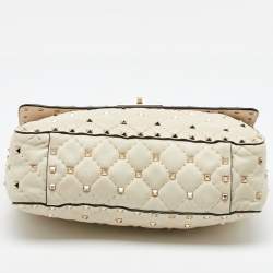Pre Owned Valentino Off White Leather Medium Rockstud Spike Top Handle Bag