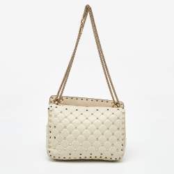 Pre Owned Valentino Off White Leather Medium Rockstud Spike Top Handle Bag