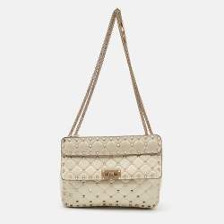 Pre Owned Valentino Off White Leather Medium Rockstud Spike Top Handle Bag