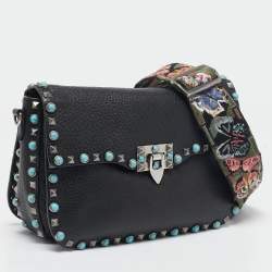 Valentino Black Leather Rockstud Rolling Crossbody Bag