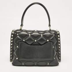 Pre Owned Valentino Black Quilted Leather Medium VLTN Candystud Top Handle Bag