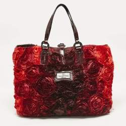 Valentino Red/Burgundy Nylon Large Flower Applique Tote