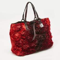 Valentino Red/Burgundy Nylon Large Flower Applique Tote