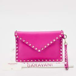 Pre Owned Valentino Fuchsia Leather Rockstud Envelope Wristlet Clutch