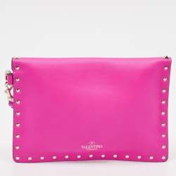 Pre Owned Valentino Fuchsia Leather Rockstud Envelope Wristlet Clutch