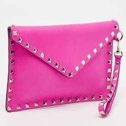 Pre Owned Valentino Fuchsia Leather Rockstud Envelope Wristlet Clutch