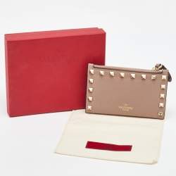 Valentino Beige Leather Rockstud Zip Card Holder